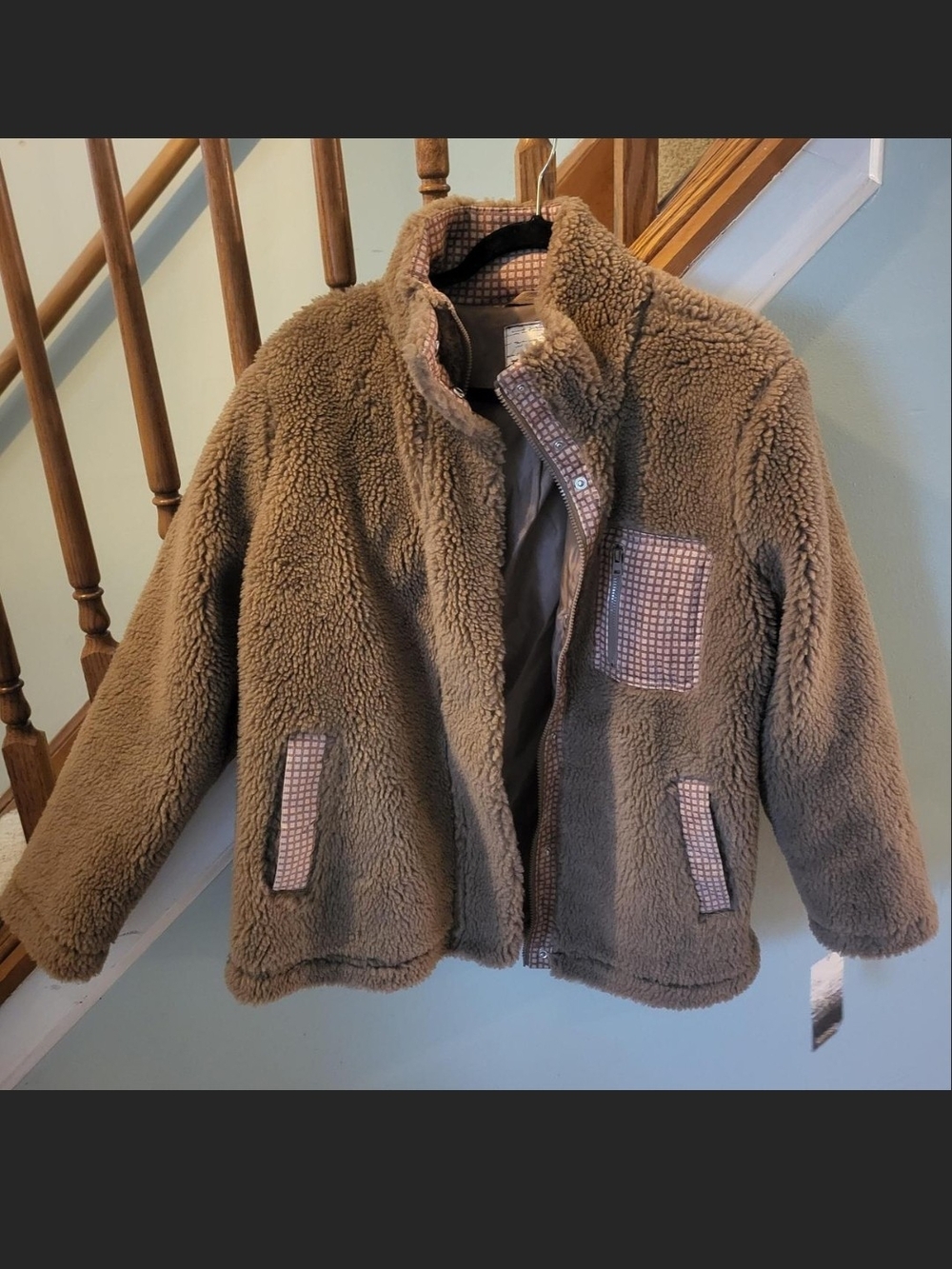 Kensie Brown Teddy Sherpa Jacket with Pink Check Accents
